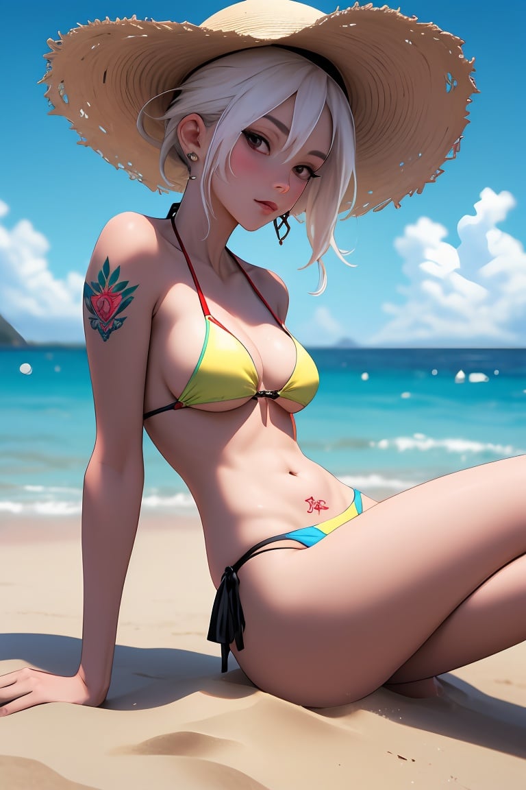 bald woman, pale skin, IA hat, tattoed body, spiders tattoo, with bikini, smoking weed, sensual face, dressing bikini, in a beach, 4k, best resolution legs sexy:1.2