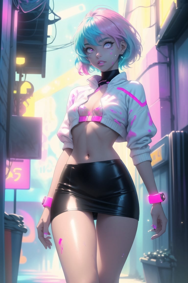 cute little cartoon ghotic,(((,small tiny body,petite))),(((27 years old))),((extremely cute and beautiful liquid paint hair haired anime girl walking down the street)),(((flat chest))),saggy breasts,short hair,(((liquid paint hair:1.1, neon purple hair|neon pink hair|neon blue hair|neon aqua hair|purple hair|fuchsia hair|fluorescent blue hair|amethyst hair|neon hair|bright pink hair :1.5,bright hair: 1.3,hair made of paint and defies gravity,thick flowing,paint splatter:1.3,shiny hair: 1.3,vibrant colors))),((heterochromia,eye1 purple,eye2 pink,upturned eyes:1.3,perfect eyes,beautiful detailed eyes,rainbow glows ultra-detailed deep pink purple eyes:1.1,gradient eyes:1,finely detailed beautiful eyes:1,symmetrical eyes:1,big highlight on eyes:1.2)),((fat)),(((lustrous skin:1.5,bright skin: 1.5,skin tanned,shiny skin,very shiny skin,shiny body,plastic glitter skin,exaggerated shiny skin))),(spider lower abdomen,narrow waist,wide hip,athletic body,inflated legs,delicate detailed fingers,detailed body,detailed arms,human hands,detailed hands,),cute,slutty,seductive,erotic,(((nsfw))),revealing clothing,show skin,(wearing a Neon color theme clothing:1.3),micro clothes,little clothing,fluorescent and neon clothing,rave fashion,micro crop top,micro skirt,visible thong straps,accessories LED,(detailed outfit,detailed clothes),(dynamic pose:1.0),solo focus,embarrassed,centered,scale to fit dimensions,Rule of thirds,outdoors,((night view)),(cyberpunk night street Background: 1.5,dark sky,alleyway,lonely alley,thick clouds,detailed background:1.25),(best quality),(high resolution),(sharp focus),(ultra detailed),(extremely detailed),(extremely high quality artwork),8k_wallpaper,(extremely detailed CG 8k),(very fine 8K CG),((hyper super ultra detailed perfect piece)),flawless,(((masterpiece))),illustration,vibrant colors,(intricate),High contrast,Selective lighting,Double exposure,HDR (High Dynamic Range),Post-processing,Background blur,