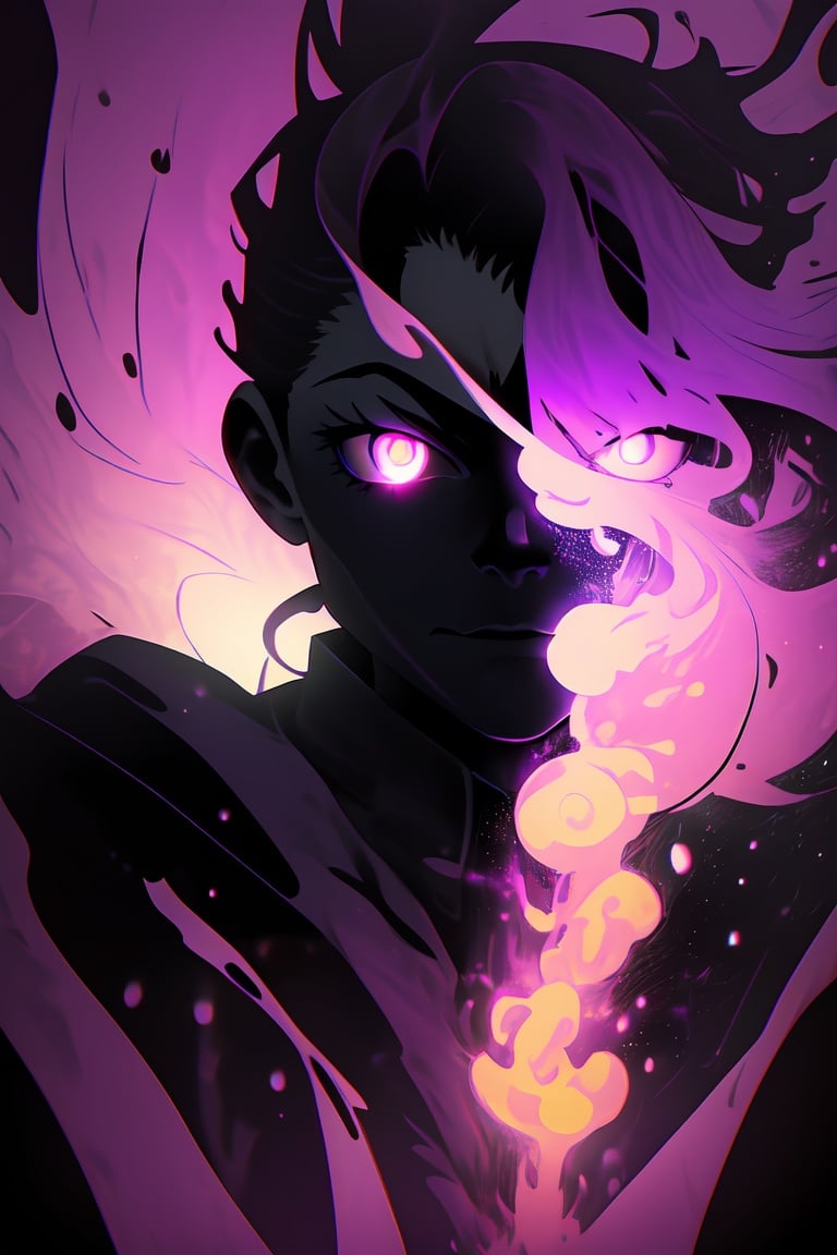 a creepy looking ((silhuette)) with ((purple gas flowing)) from their glowing eyes, with a purple background and a purple background, Ay-O, purple, a character portrait, vanitas, (crazy)