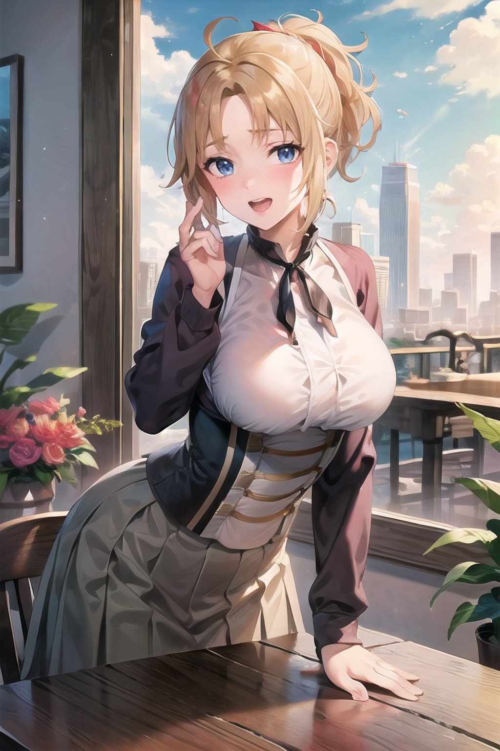 Zenith_aiwaifu,blonde hair,ponytail,blue eyes,short hair,large breasts,bangs,parted bangs,skirt,ribbon,shirt,long sleeves,neck ribbon,fur trim,black ribbon,corset,red shirt,suspenders,collared shirt,dress,long skirt,pleated skirt,suspender skirt,
masterpiece,best quality,ultra detailed, 8k, 4k,highly detailed, scenery,pose,solo,