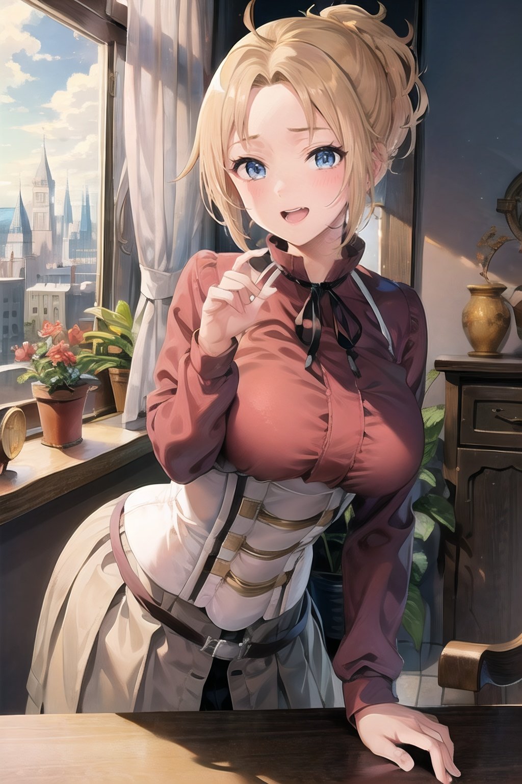 Zenith_aiwaifu,blonde hair,ponytail,blue eyes,short hair,large breasts,bangs,parted bangs,skirt,ribbon,shirt,long sleeves,neck ribbon,fur trim,black ribbon,corset,red shirt,suspenders,collared shirt,dress,long skirt,pleated skirt,suspender skirt,
masterpiece,best quality,ultra detailed, 8k, 4k,highly detailed, scenery,pose,solo,