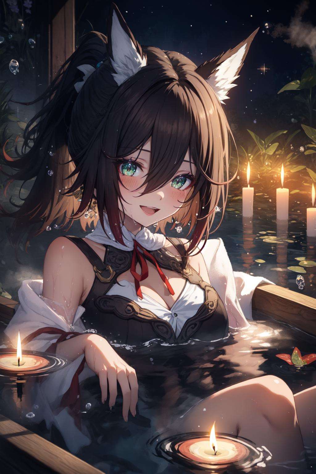 (beautiful and serene) (illustration) of a (young girl) [((relaxing in the bathtub))] [(wet hair)] [(towel draped on shoulder)], (soft candlelight), (bubbles floating in the water), (tranquil ambiance), (subtle reflections), (gentle steam), (sparkling water droplets), (calm expression), (peaceful mood), masterpiece, best quality, TingyunV4, 1girl, solo, looking at viewer, blush, smile, open mouth, cleavage, bare shoulders, ponytail, red ribbon, night, <lora:TingyunV4-10:0.8>, <lora:RAL:0.6>, <lora:LAS:0.4>