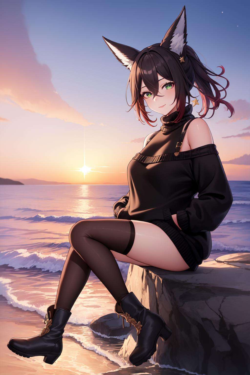 masterpiece, best quality, TingyunV4, 1girl, solo, ((black sweater, black legwear, ankle boots:1.3)), slight smile, sitting on rock, ((hands in pocket)), looking at viewer, bare shoulders, outdoors, sky, water, ocean, star (sky), sunset, rock, <lora:TingyunV4-10:0.7>