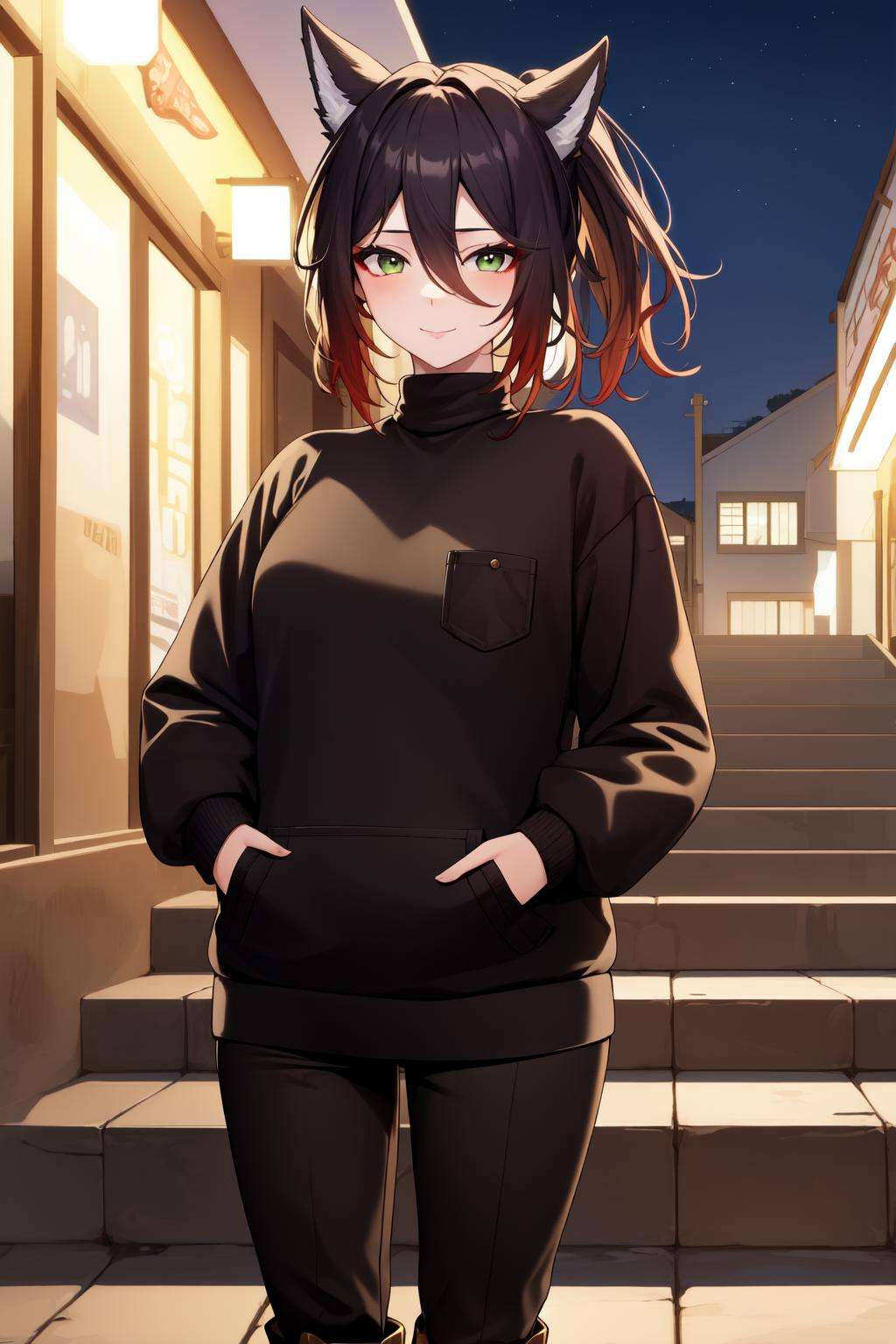 masterpiece, best quality, TingyunV4, 1girl, solo, ((black sweater, black pants, ankle boots:1.3)), sitting, city alley, steps, night, upper body, slight smile, ((hands in pocket)), looking at viewer, outdoors, sky, <lora:TingyunV4-10:0.7>