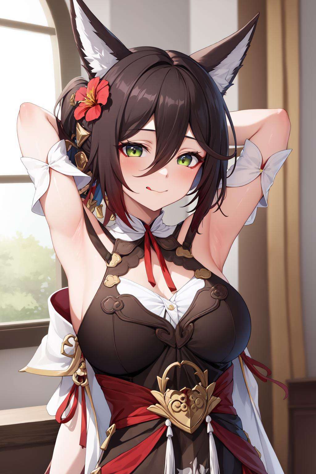 masterpiece, best quality, TingyunV4, 1girl, armpits, closed mouth, dress, hair flower, looking at viewer, mouth hold, off shoulder, solo, tongue out, virtual youtuber <lora:TingyunV4-10:0.8>