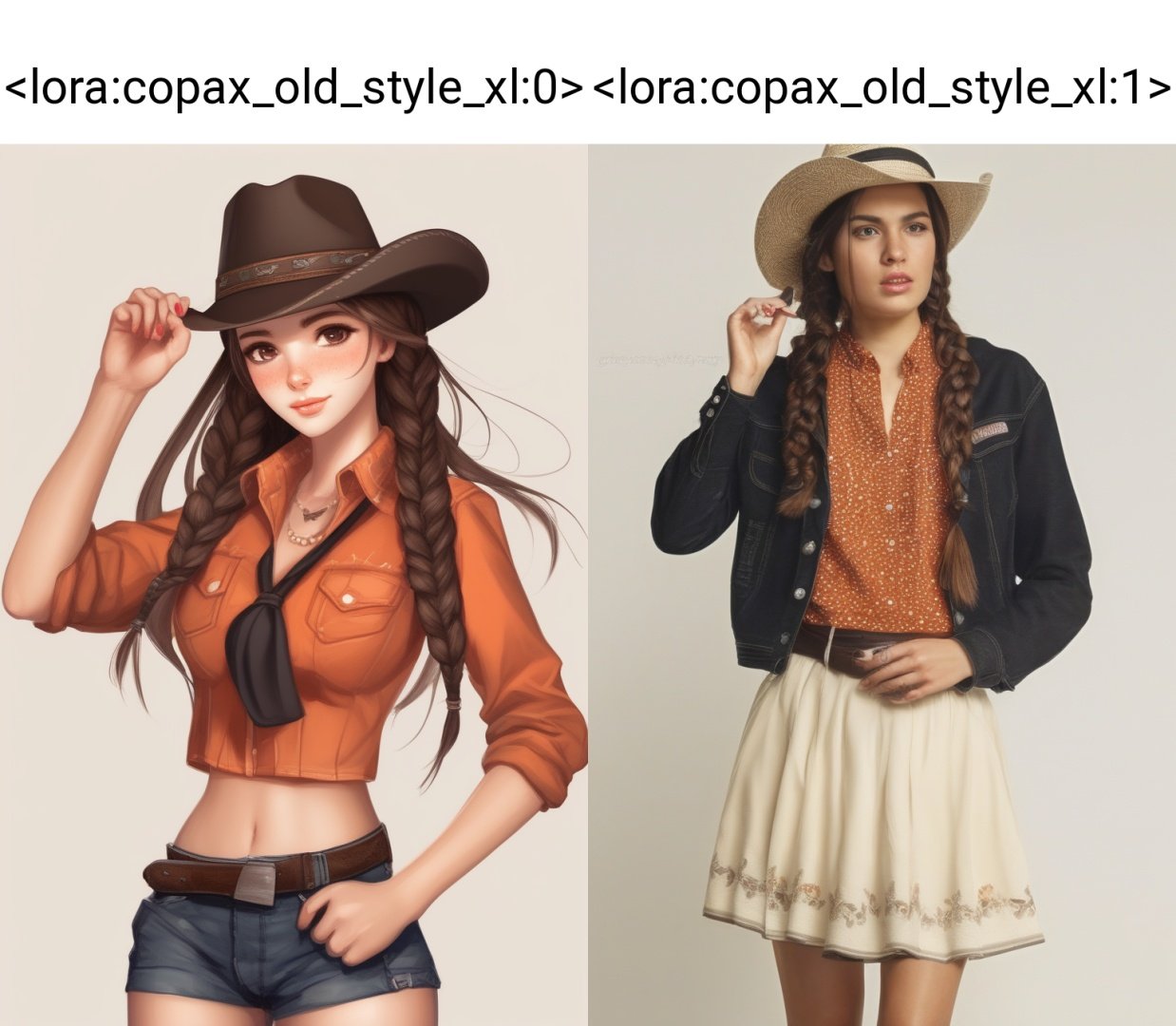 old style, 1girl, solo, long hair, looking at viewer, skirt, simple background, brown hair, shirt, hat, white background, holding, brown eyes, standing, jacket, braid, cowboy shot, nail polish, arm up, twin braids, lips, black headwear, black nails, freckles, realistic, midriff peek, orange skirt <lora:copax_old_style_xl:0>,