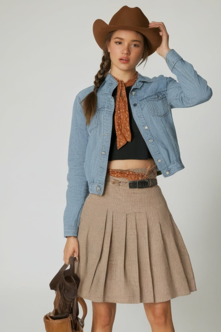 old style, 1girl, solo, long hair, looking at viewer, skirt, simple background, brown hair, shirt, hat, white background, holding, brown eyes, standing, jacket, braid, cowboy shot, nail polish, arm up, twin braids, lips, black headwear, black nails, freckles, realistic, midriff peek, orange skirt <lora:copax_old_style_xl:1>,