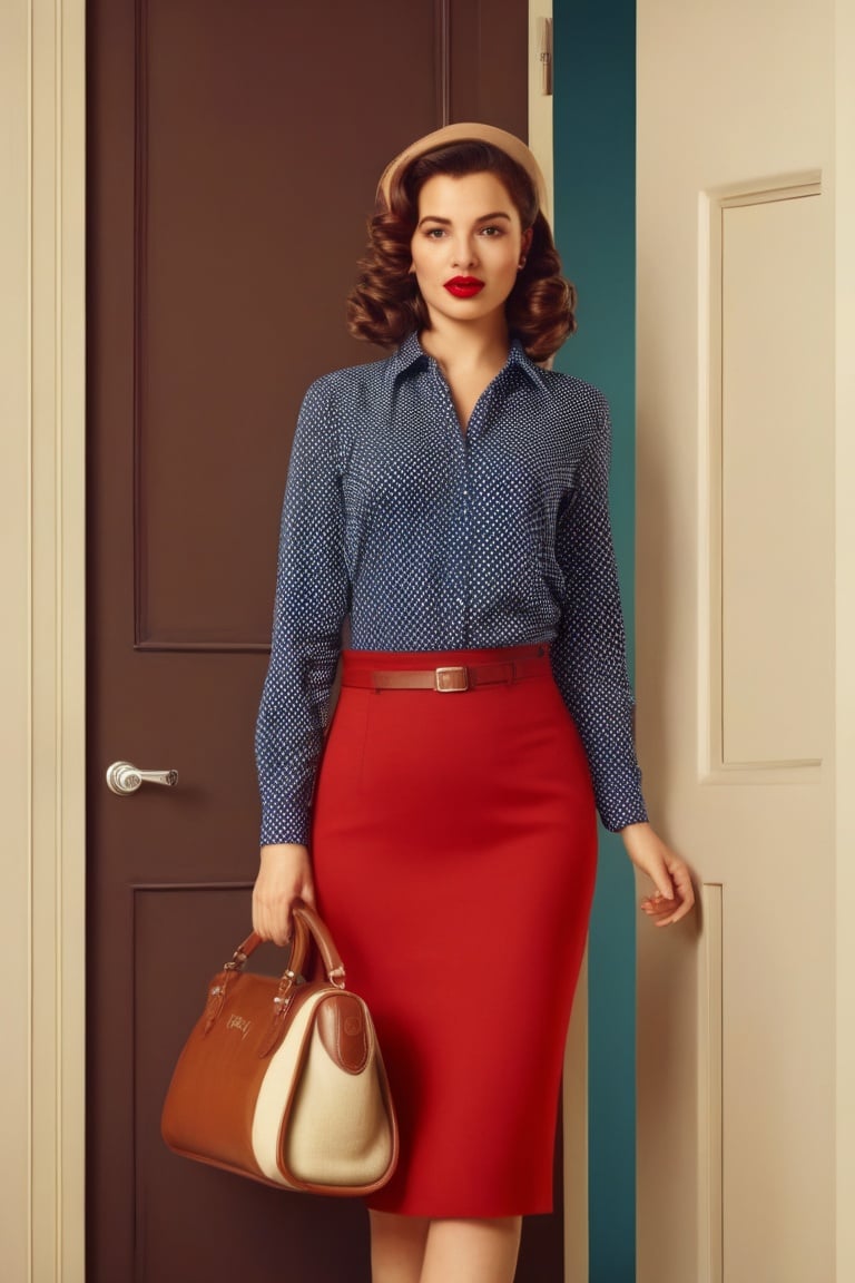 (old style), retro, 1girl ,brown hair, shirt, long sleeves,  pencil skirt, handbag, door, red lips, fashion, photorealistic,  masterpiece,  realistic, 8k, full body,  <lora:copax_old_style_xl:1>,