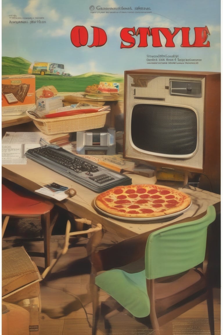 old style, food, english text, cup, book, no humans, chair, table, box, scenery, desk, bowl, controller, computer, monitor, cardboard box, game console, keyboard (computer), pizza, magazine (object), mouse (computer), cd, model kit <lora:copax_old_style_xl:1>,