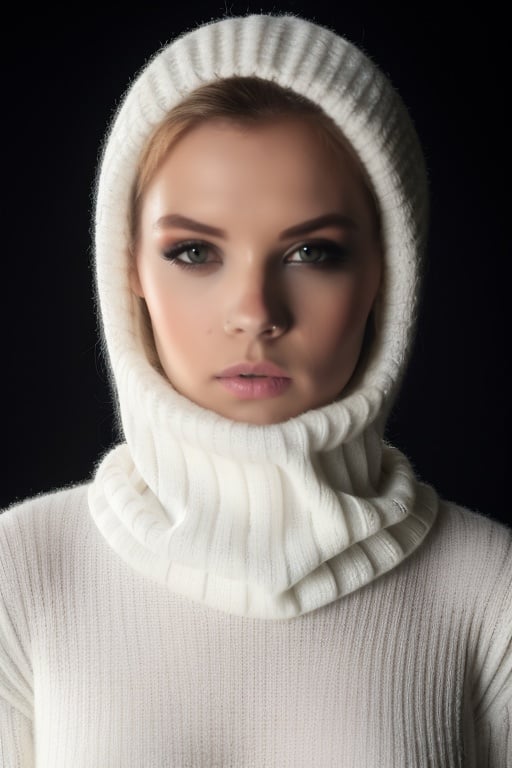 
(8k, masterpiece, best quality, solo, sfw), ((woman)), portrait, (white thick knit turtleneck sweater), looking at camera, eyelines, eyeshadows, simple dark background