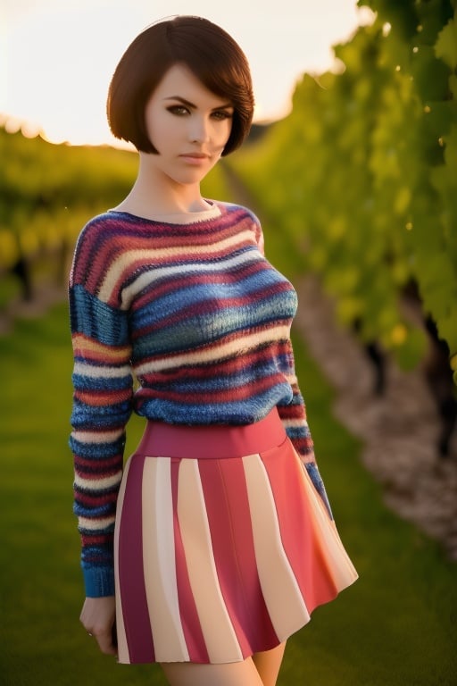 photo of wo_melclarke, an attractive woman, on a (wine-yard:1.2), wearing a (striped-sweater:1.2) and a (skirt), (sunset:1.1), (8k, RAW photo, best quality, depth of field, ultra high res:1.2), (absurdres, intricate, photorealistic, masterpiece, ultra-detailed:1.3)