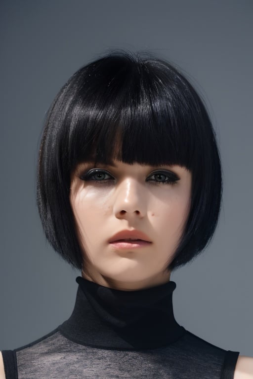 portrait of the woman, head and shoulders shot, short hair with bangs,wearing black dress with turtleneck,black background, global illumination, high details, UHD, RAW, HDR effect, beautiful, aesthetic, perfect lighting,