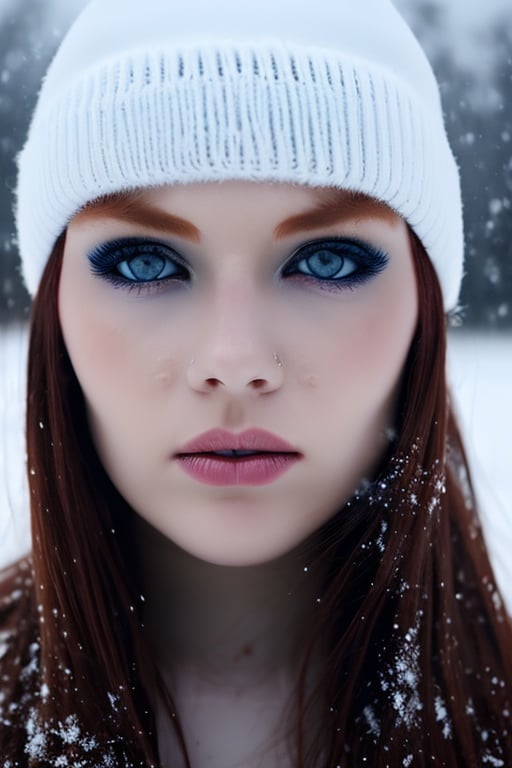 A dramatic contrast photo of a stunning redhead woman with mesmerizing blue eyes, caught in a snowstorm, close up on face, in an expansive snowy field, under harsh hard lighting, shot from eye level, on a Canon EOS 5D, with (film grain:1.3), in the style of Miko Lagerstedt.