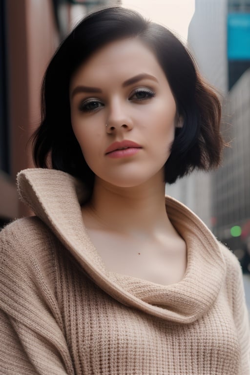 photo of woman wo_melclarke, wearing a oversized sweater, in new york city, upper body, detailed skin, 20 megapixel, canon eos r3, detailed skin, detailed, detailed face, <lora:loraMel02-000008:1>