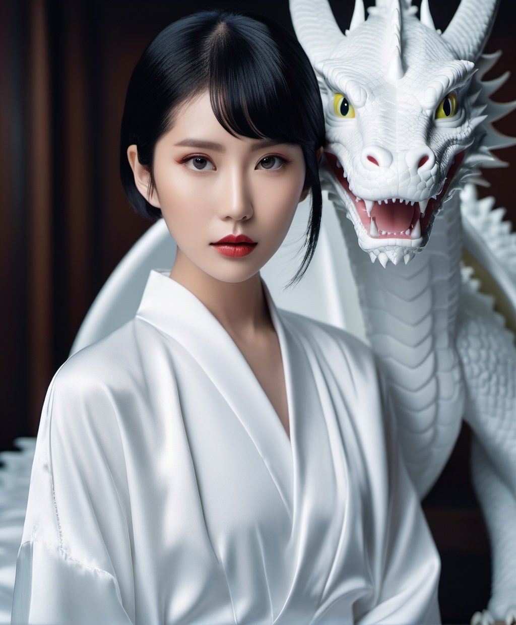 30 years old female Asian, Slicked-bac hair style, in a white tone environment with a white dragon behind him, Spirited Away, Hayao Miyazaki, surrealism, fantasy style, Lofi photography, shot on fujifilm XT4, Upper body,