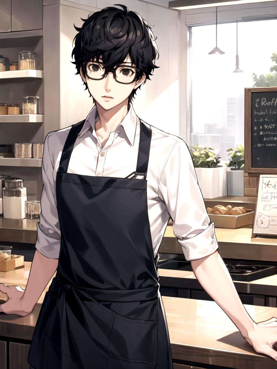 masterpiece, best quality, 1boy, solo, male focus, dsren, black hair, short hair, black eyes, glasses, collared shirt, apron, pants, standing, cafe, counter, detailed background <lyco:dsjoker-v2_lc_768:1> <lyco:p5-anime_style_lc:0.65>