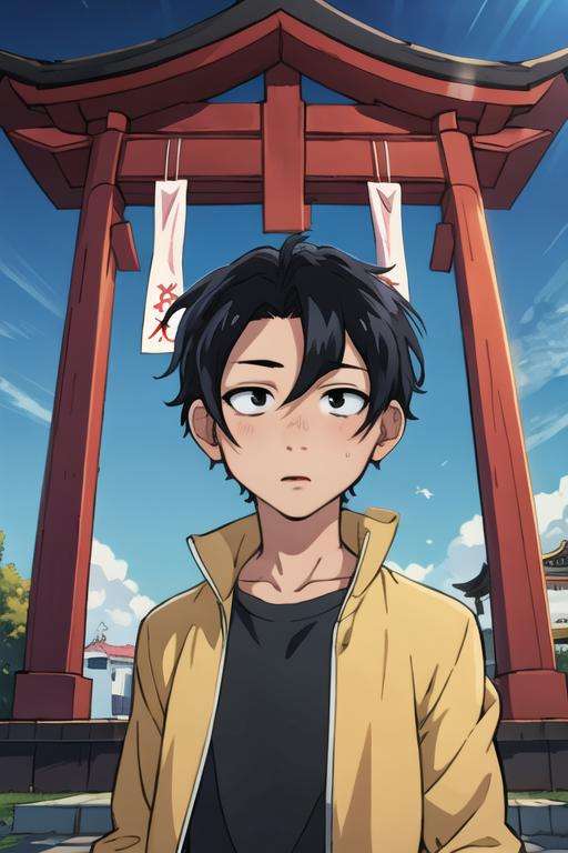 masterpiece, best quality, game cg, 1boy, solo, male focus, looking at viewer, , , <lora:kou_yamori:0.64>, kou_yamori, black hair, black eyes, sanpaku, , The Shrine of the Lost, High definition