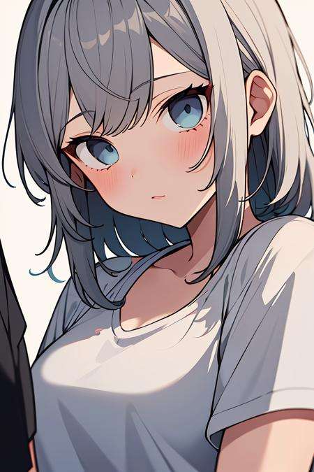 1girl, focus face, gray hair, medium hair, bangs, blue eyes, T-shirt, <lora:LessHighlightEyes:1>