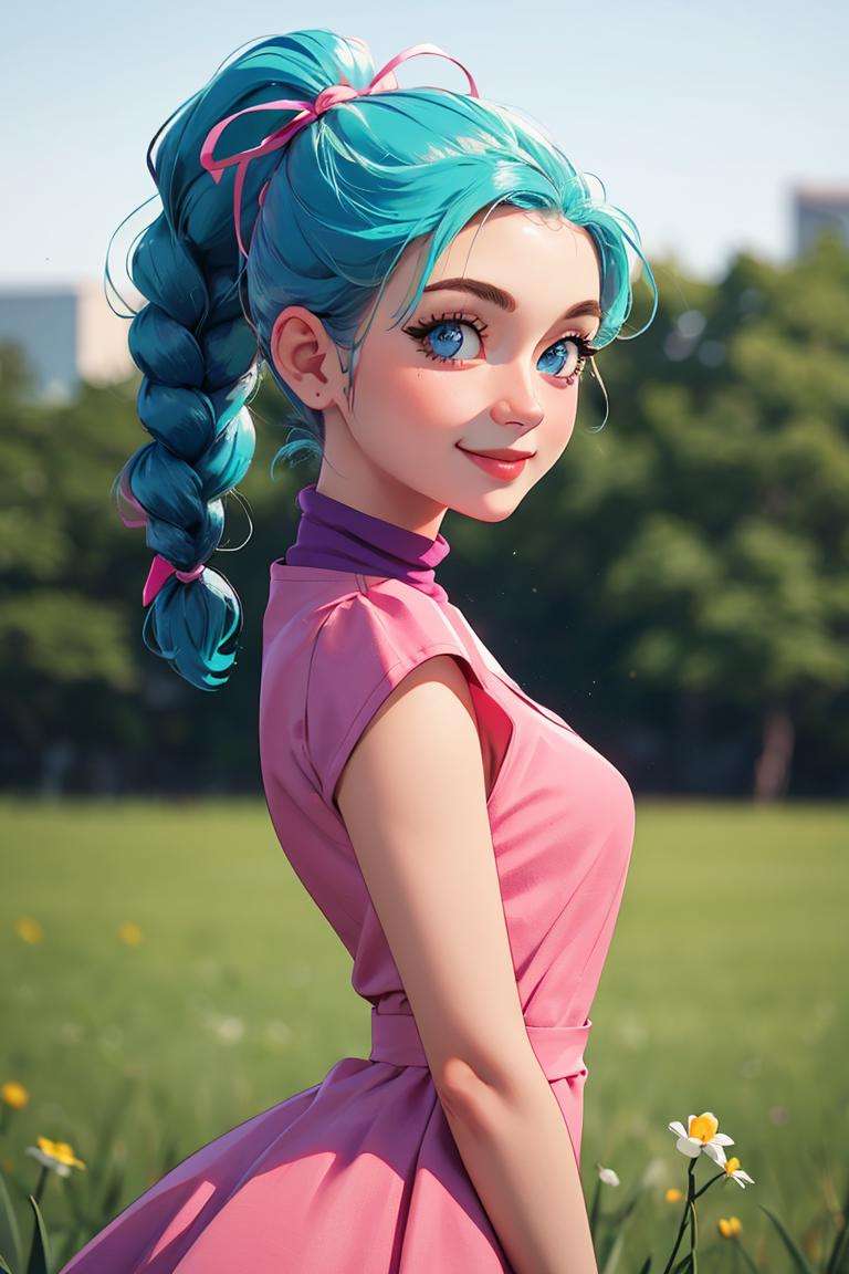 centered, award winning upper body portrait, cowboy shot, (looking at viewer:1.2), | solo, standing, smile, Bulma_DB,  braided ponytail, pink dress, blue eyes, | open field, | bokeh, depth of field, cinematic composition, |  dynamic pose, <lora:Bulma_DB:0.6>