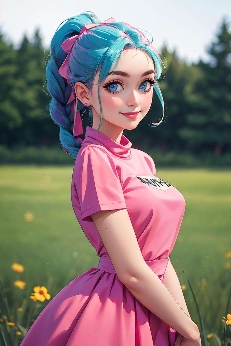 centered, award winning upper body portrait, cowboy shot, (looking at viewer:1.2), | solo, standing, smile, Bulma_DB,  braided ponytail, pink dress, blue eyes, | open field, | bokeh, depth of field, cinematic composition, |  dynamic pose, <lora:Bulma_DB:0.6>