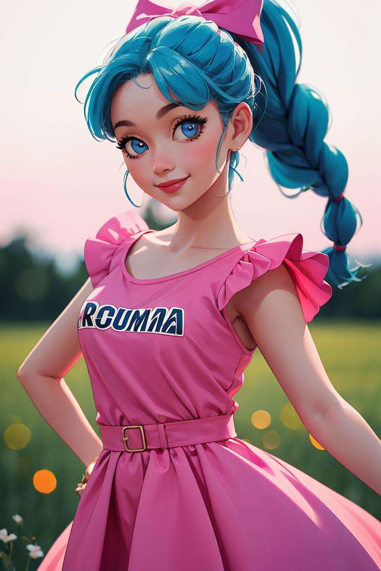 centered, award winning upper body portrait, cowboy shot, (looking at viewer:1.2), | solo, standing, smile, Bulma_DB,  braided ponytail, pink dress, blue eyes, | open field, | bokeh, depth of field, cinematic composition, |  dynamic pose, <lora:Bulma_DB:0.6>