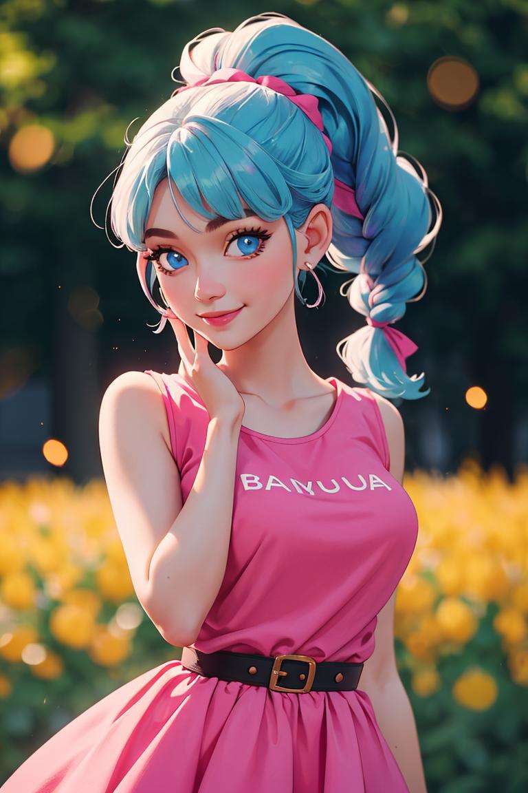 centered, award winning upper body portrait, cowboy shot, (looking at viewer:1.2), | solo, standing, smile, Bulma_DB,  braided ponytail, pink dress, blue eyes, | open field, | bokeh, depth of field, cinematic composition, |  dynamic pose, <lora:Bulma_DB:0.6>