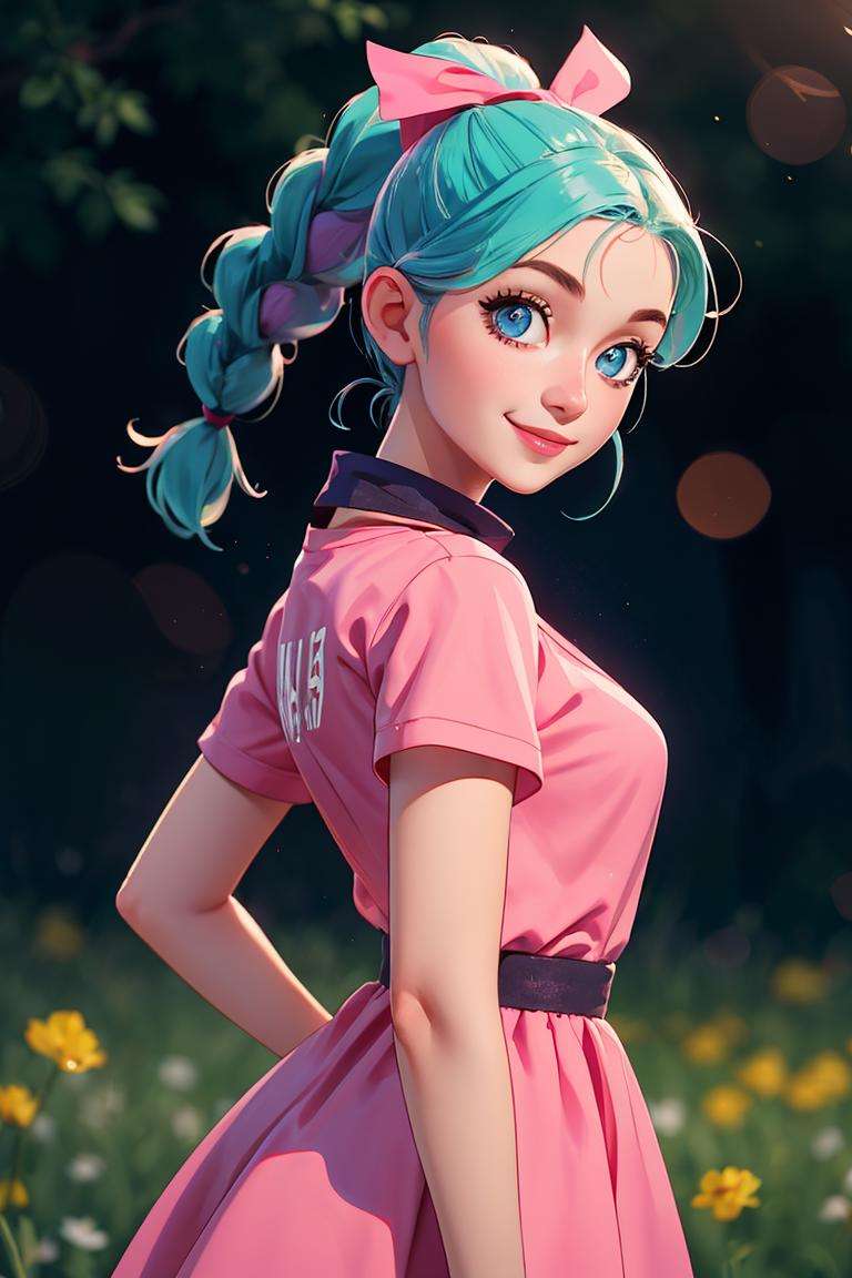 centered, award winning upper body portrait, cowboy shot, (looking at viewer:1.2), | solo, standing, smile, Bulma_DB,  braided ponytail, pink dress, blue eyes, | open field, | bokeh, depth of field, cinematic composition, |  dynamic pose, <lora:Bulma_DB:0.6>