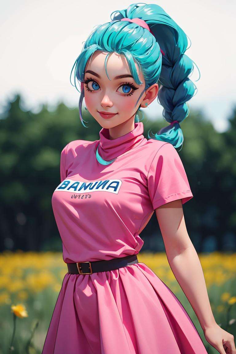 centered, award winning upper body portrait, cowboy shot, (looking at viewer:1.2), | solo, standing, smile, Bulma_DB,  braided ponytail, pink dress, blue eyes, | open field, | bokeh, depth of field, cinematic composition, |  dynamic pose, <lora:Bulma_DB:0.6>