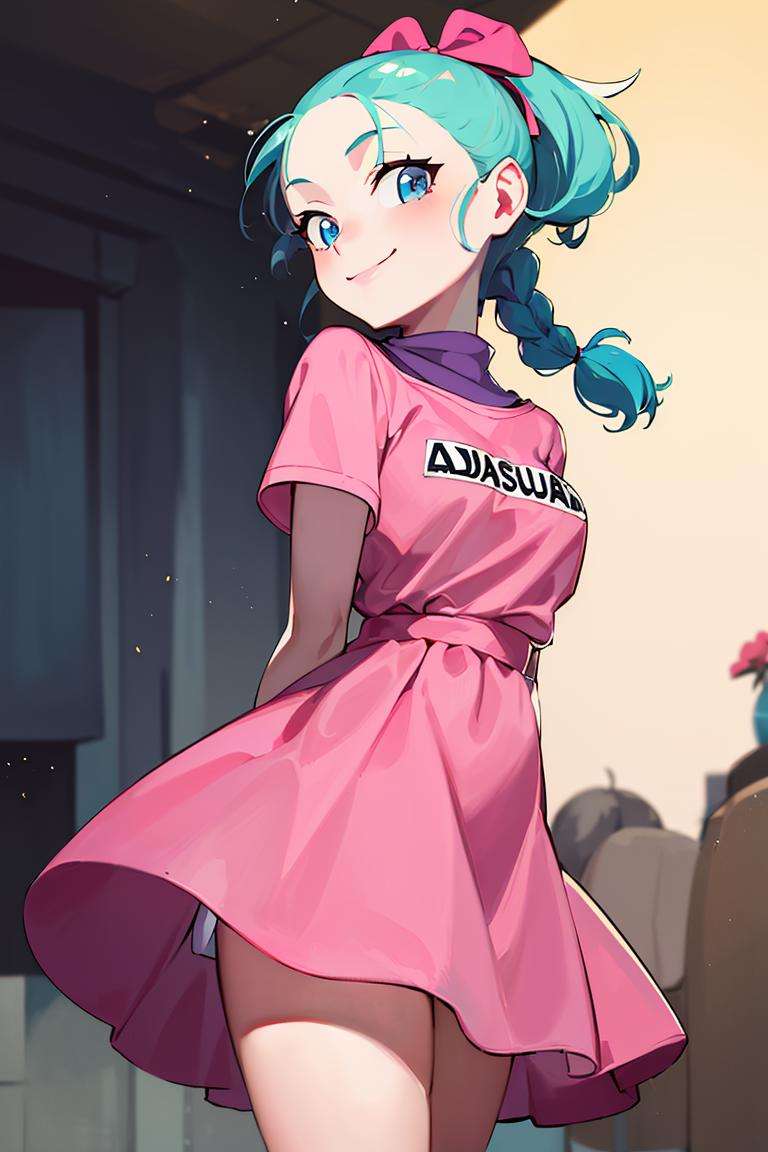 ((masterpiece,best quality)), absurdres,<lora:Bulma_DB:0.7>, Bulma_DB,  braided ponytail, pink dress, blue eyes, solo, smiling, looking at viewer, cowboy shot, cinematic composition,