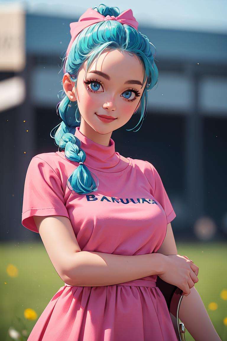 centered, award winning upper body portrait, cowboy shot, (looking at viewer:1.2), | solo, standing, smile, Bulma_DB,  braided ponytail, pink dress, blue eyes, | open field, | bokeh, depth of field, cinematic composition, |  dynamic pose, <lora:Bulma_DB:0.6>