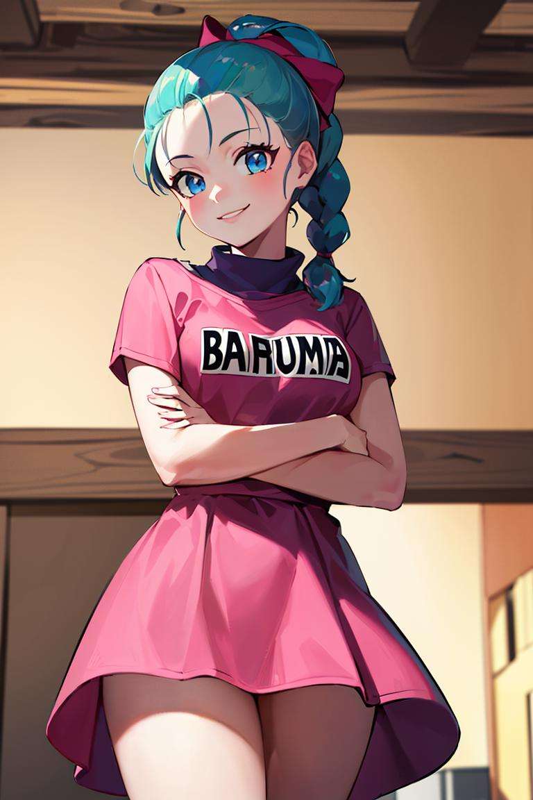 ((masterpiece,best quality)), absurdres,<lora:Bulma_DB:0.7>, Bulma_DB,  braided ponytail, pink dress, blue eyes, solo, smiling, looking at viewer, cowboy shot, cinematic composition,