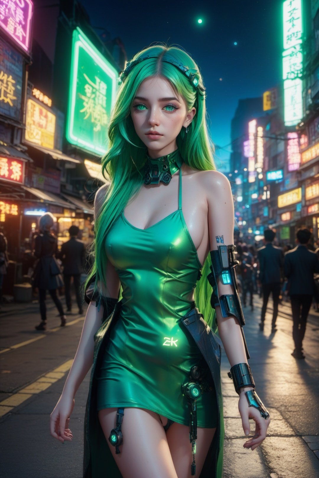 official art, unity 8k wallpaper, (ultra detailed), beautiful and aesthetic, beautiful, masterpiece, best quality, (1girl:1.3), (long hair,green hair:1.4), cyberpunk, mechanical_arms , sexy, iridescent eyes, starry sky, standing, futurecamisole,street, neon light, full_body