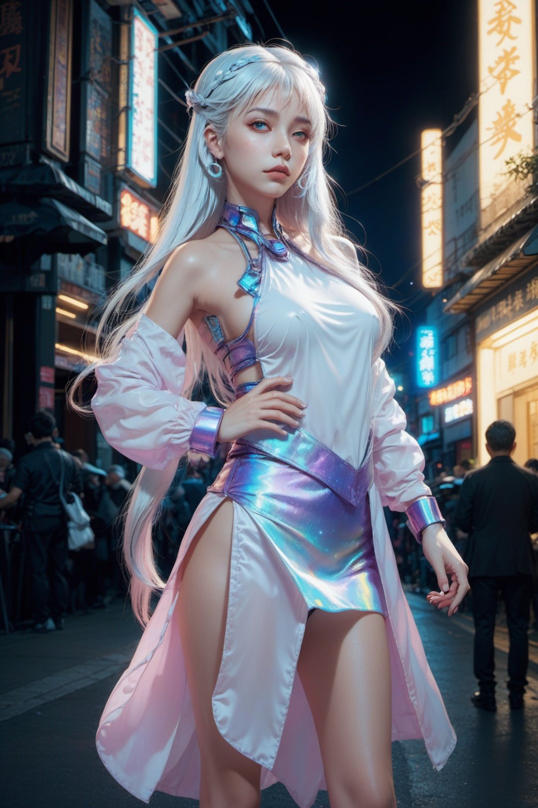 official art, unity 8k wallpaper, (ultra detailed), beautiful and aesthetic, beautiful, masterpiece, best quality, (1girl:1.3), (long hair, white hair:1.4), mature female, cyberpunk, mecha, sexy, iridescent eyes, starry sky, standing, futurecamisole,street, neon light,full_body