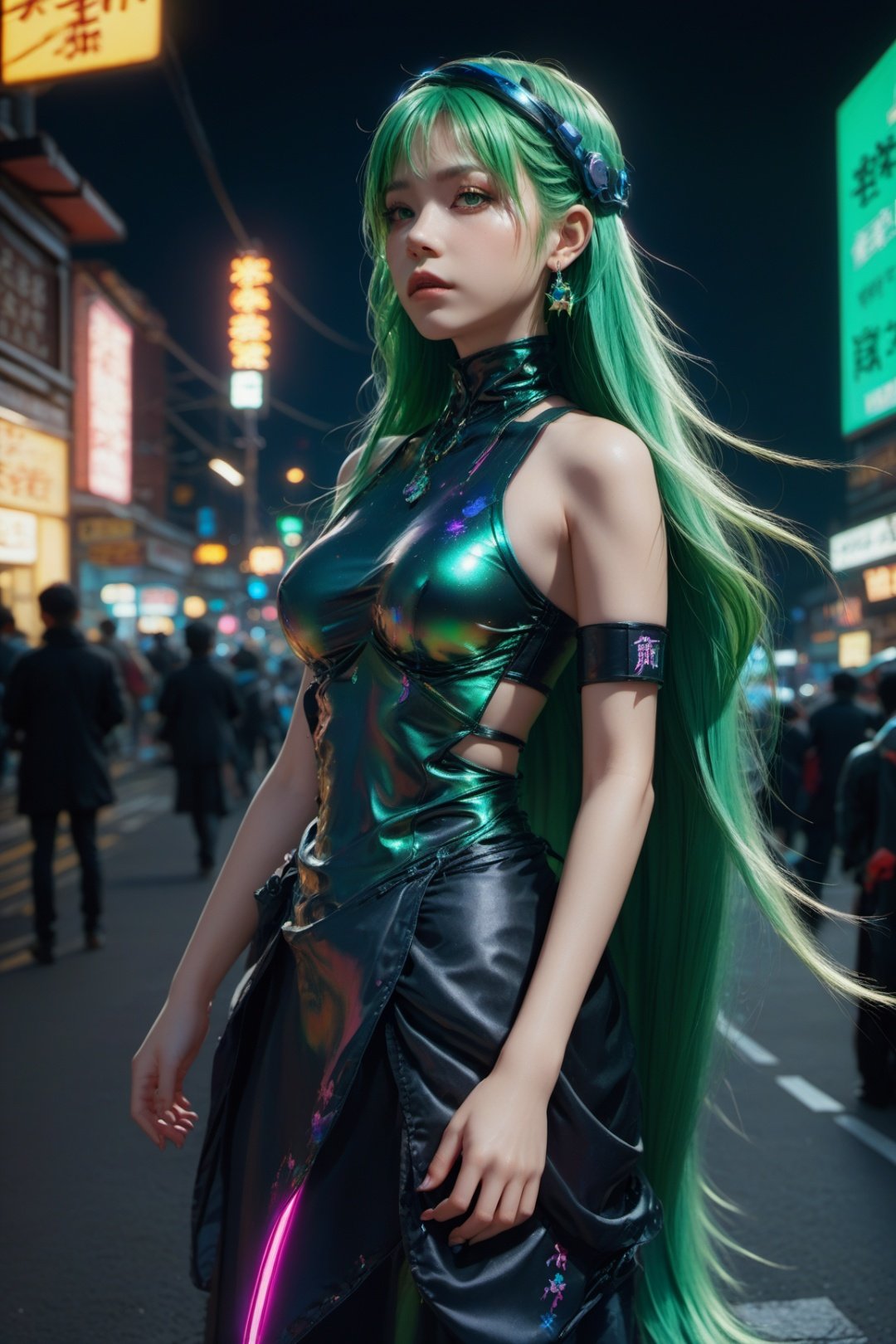official art, unity 8k wallpaper, (ultra detailed), beautiful and aesthetic, beautiful, masterpiece, best quality, (1girl:1.3), (long hair,green hair:1.4), large_boobs, cyberpunk, mecha, sexy, iridescent eyes, starry sky, standing, futurecamisole,street, neon light, full_body