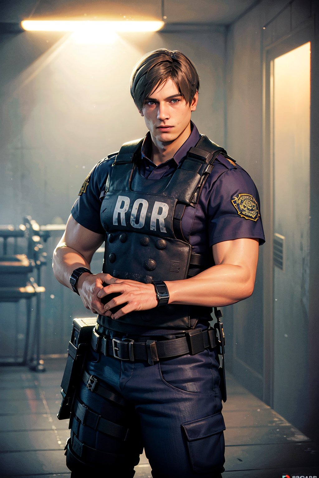 1boy, cowboy shot of re2leon, police uniform, bulletproof vest, athletic, volumetric lighting, best quality, masterpiece, intricate details, tonemapping, sharp focus, hyper detailed, trending on Artstation, looking at viewer, realistic, <lora:EMS-25960-EMS:0.8>