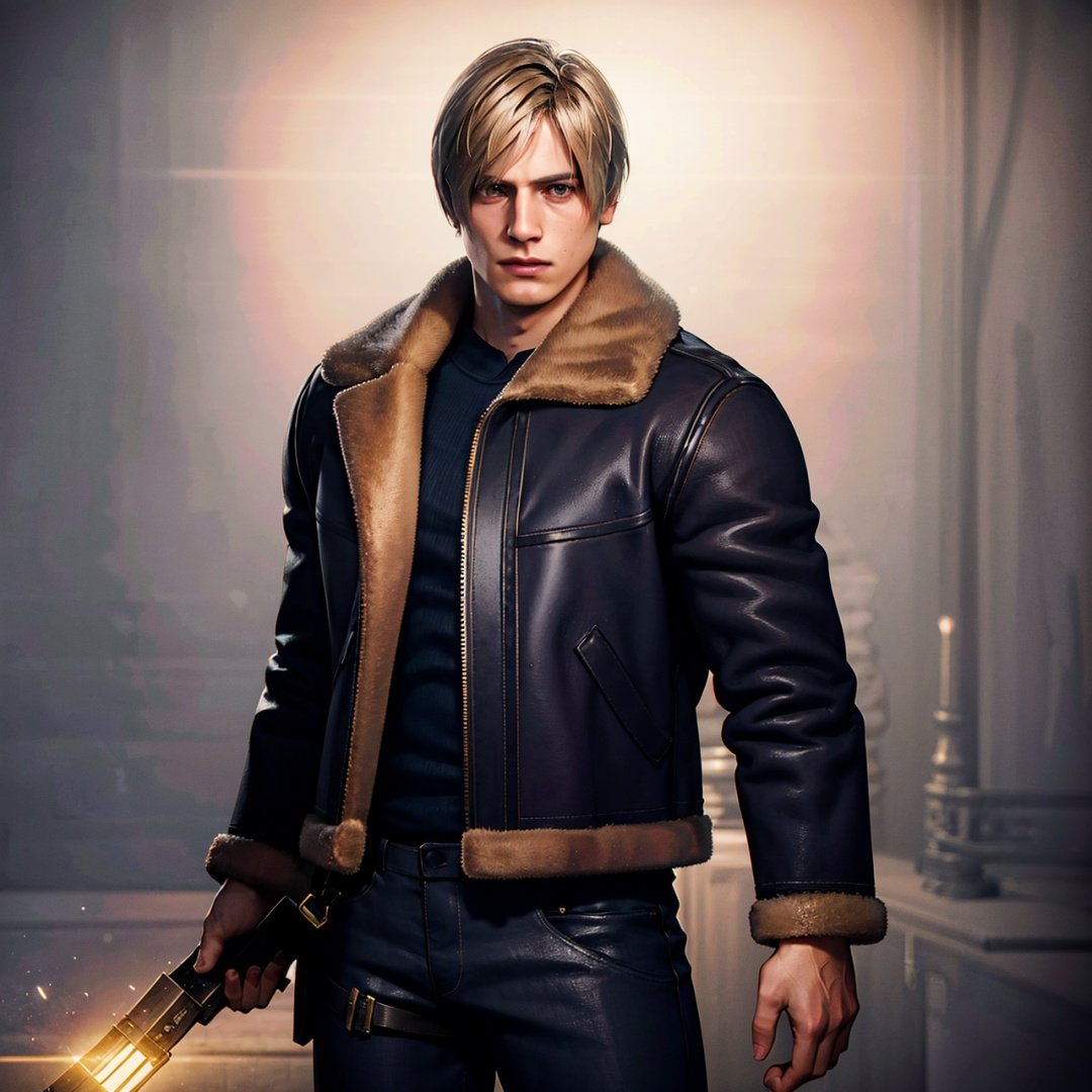 1boy, cowboy shot of re4leon, wearing fur-trimmed jacket, long sleeves, black jeans, volumetric lighting, athletic, best quality, masterpiece, intricate details, tonemapping, sharp focus, hyper detailed, trending on Artstation, looking at viewer, realistic, <lora:EMS-25960-EMS:0.8>