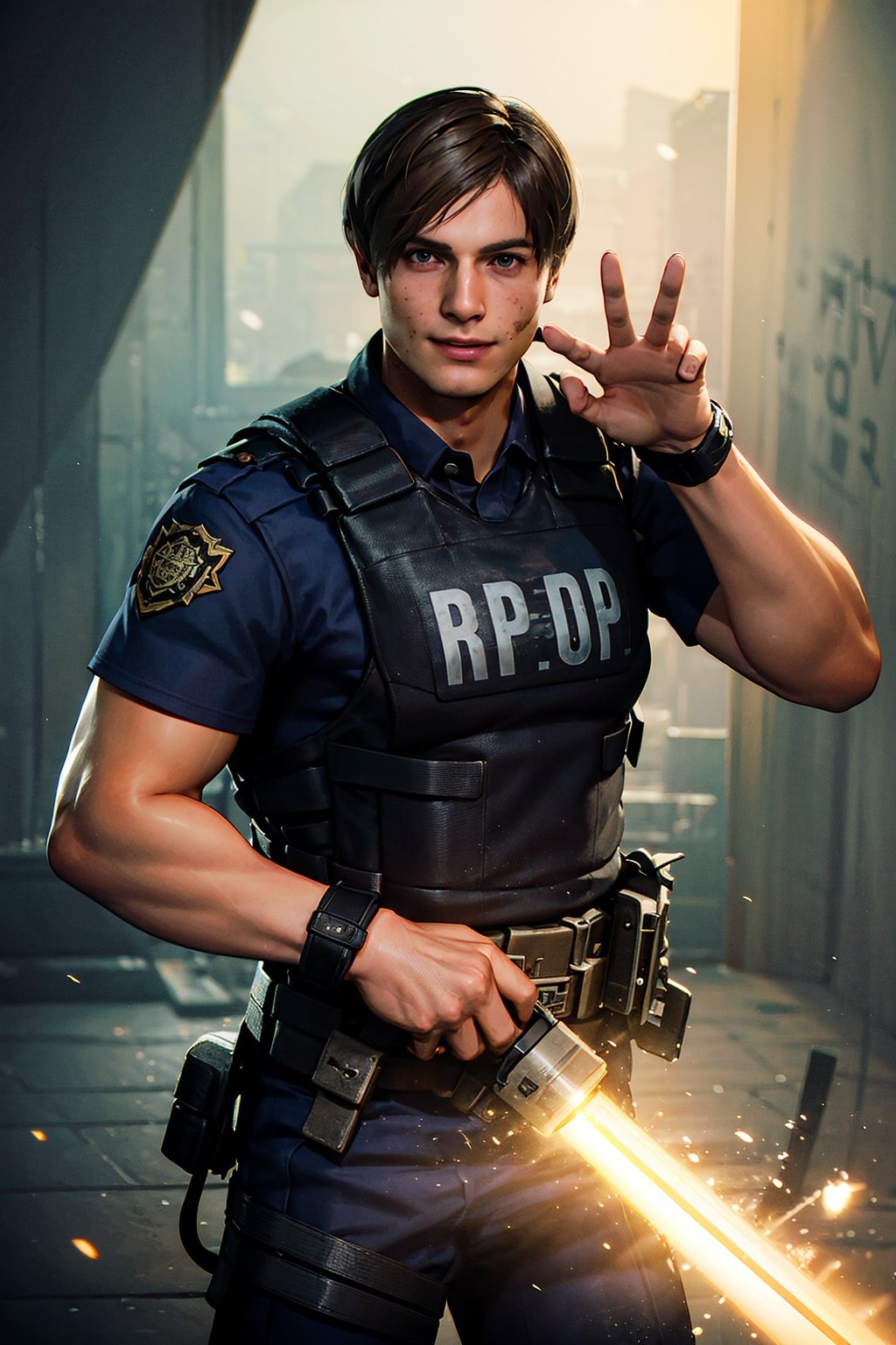 1boy, cowboy shot of re2leon, police uniform, bulletproof vest, athletic, volumetric lighting, best quality, masterpiece, intricate details, tonemapping, sharp focus, hyper detailed, trending on Artstation, looking at viewer, realistic,smile,waving at viewer, <lora:EMS-25960-EMS:0.8>