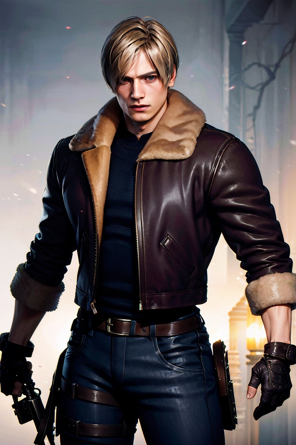 1boy, cowboy shot of re4leon, leather jacket with fur trim, long sleeves, black jeans, volumetric lighting, athletic, best quality, masterpiece, intricate details, tonemapping, sharp focus, hyper detailed, trending on Artstation, looking at viewer, realistic, <lora:EMS-25960-EMS:0.8>