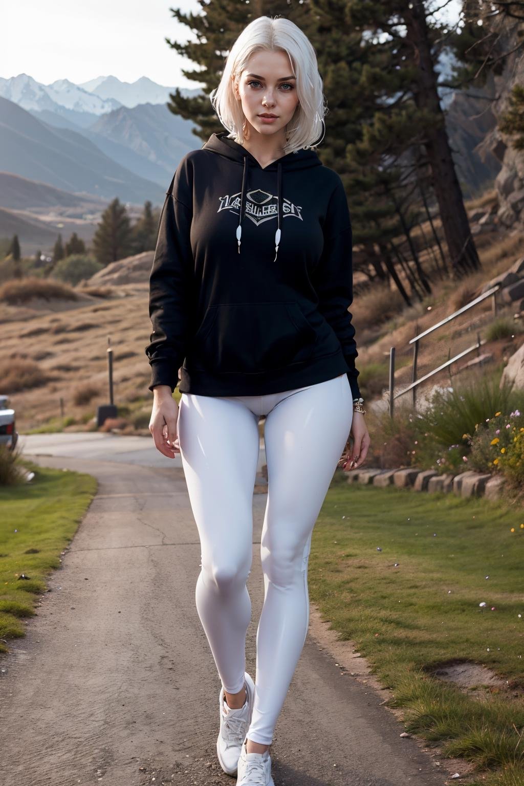 masterpiece, best quality, (photorealistic:1.4), full body, (hoodie, leggins:1.1), landscape with animals, cinematic light, beautiful woman, arms behind head, skinny, large breasts, white hair, lob, detailed face, 