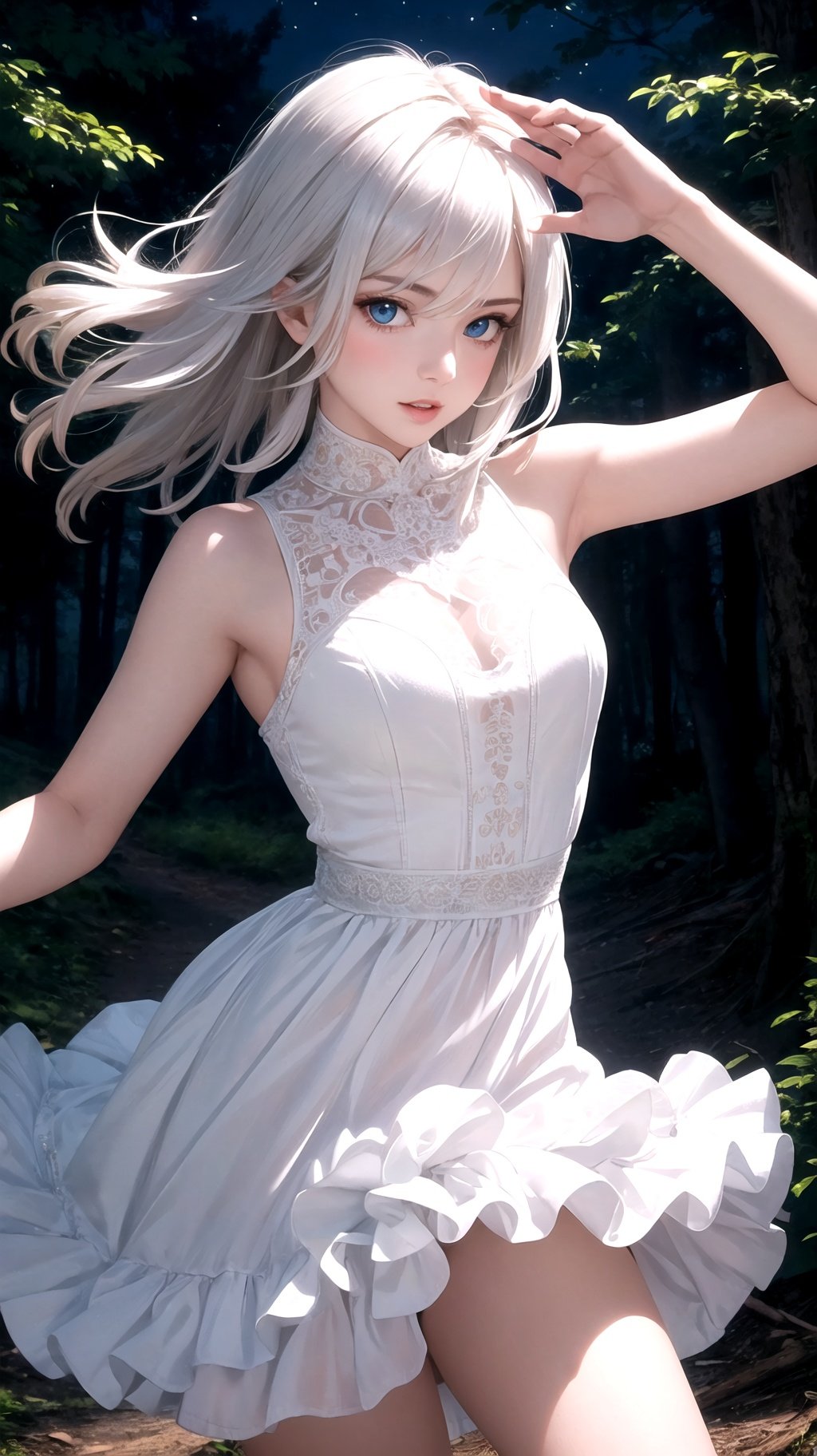 (masterpiece, best quality), intricate details, 1girl, :p, medium hair layered cut, white hair, blue eyes, dress, dynamic pose, forest, night, depth of field,