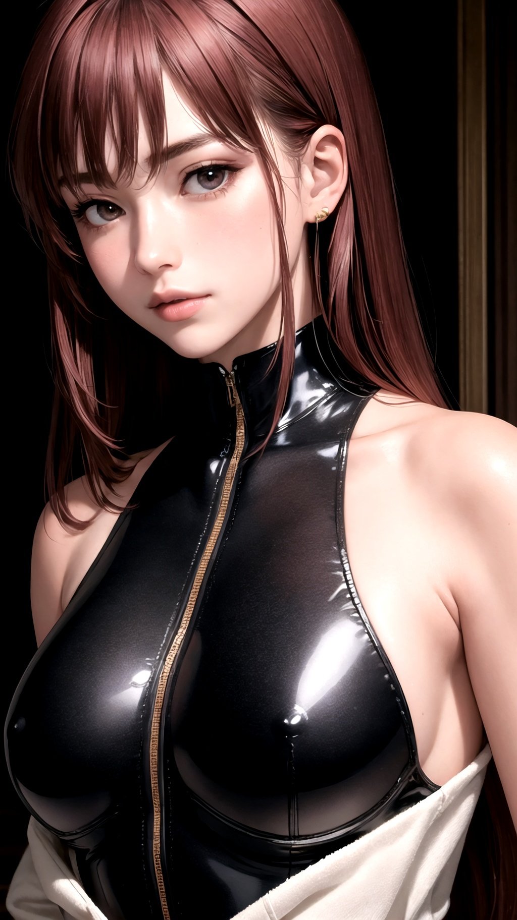 (masterpiece, best quality), intricate details, 1girl, blush, dark red hair, soft smile, black bodysuit, bodysuit, close-up