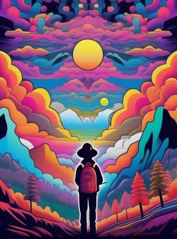 Psychedelic, psy art, cloud, scenery, colorful, 1boy, hat, sky, mountain, solo, tree, outdoors, traditional media, male focus <lora:sdxl_Psychedelic:0.8>