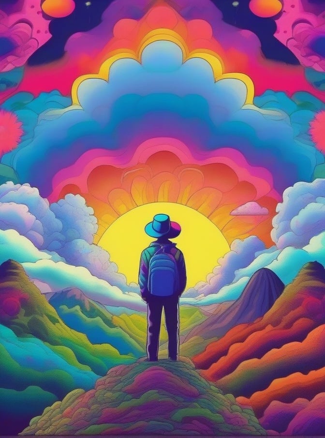 Psychedelic, psy art, cloud, scenery, colorful, 1boy, hat, sky, mountain, solo, tree, outdoors, traditional media, male focus <lora:sdxl_Psychedelic:0.8>