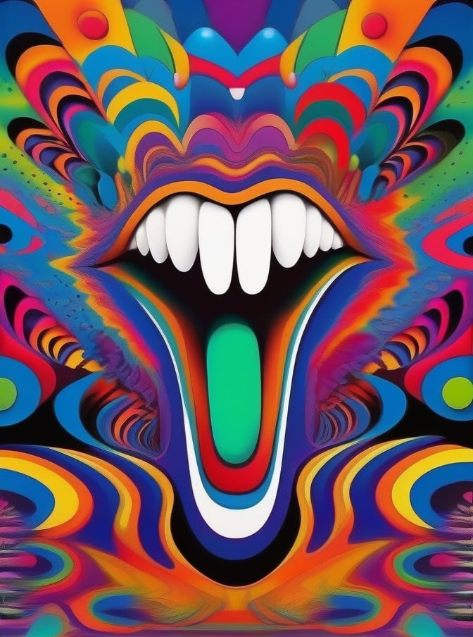 Psychedelic, psy art, colorful, open mouth, solo, abstract, no humans, looking at viewer, teeth, multicolored background <lora:sdxl_Psychedelic:0.8>