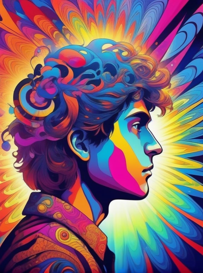Psychedelic, psy art, solo, profile, 1boy, abstract, colorful, male focus <lora:sdxl_Psychedelic:0.65>