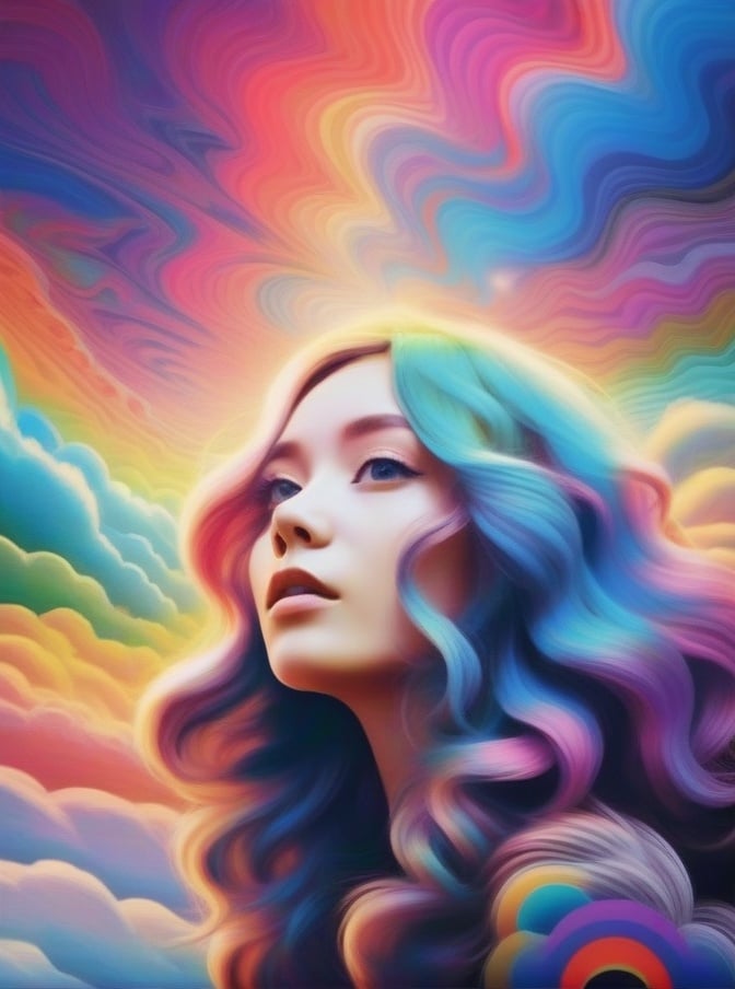 Psychedelic, psy art, 1girl, solo, makeup, long hair, looking at viewer, artist name, multicolored hair, cloud, portrait, colored skin, watermark, colorful <lora:sdxl_Psychedelic:0.8>