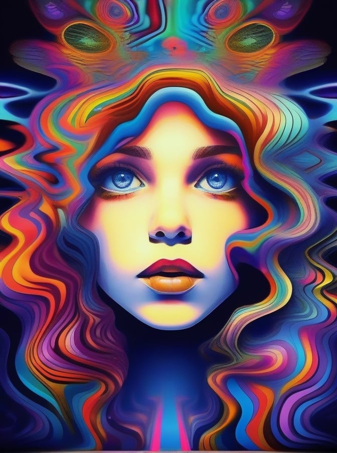 Psychedelic, psy art, colorful, 1girl, solo, abstract, blue eyes, portrait, multicolored hair, looking at viewer <lora:sdxl_Psychedelic:0.8>