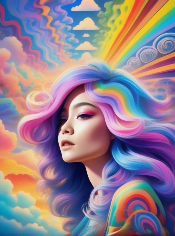 Psychedelic, psy art, 1girl, solo, makeup, long hair, looking at viewer, artist name, multicolored hair, cloud, portrait, colored skin, watermark, colorful <lora:sdxl_Psychedelic:0.8>