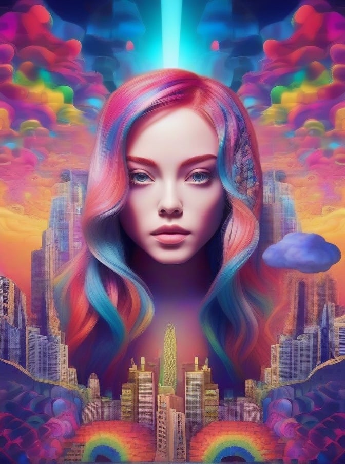 Psychedelic, psy art, 1girl,city, solo, makeup, long hair, looking at viewer, artist name, multicolored hair, cloud, portrait, colored skin, watermark, colorful <lora:sdxl_Psychedelic:0.8>
