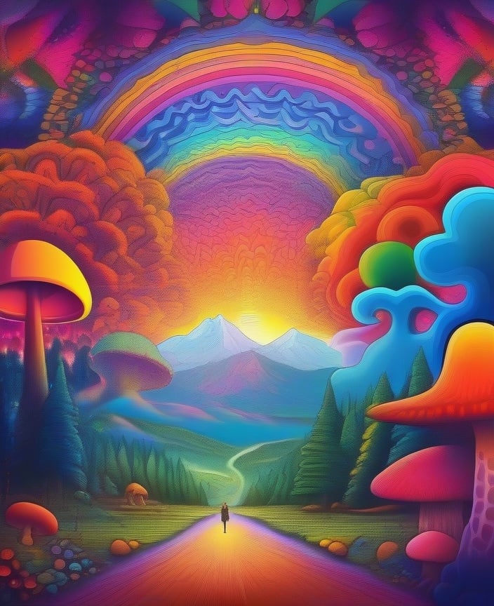 Psychedelic, psy art, no humans, cloud, colorful, scenery, mushroom, sky, outdoors, tree, mountain, rainbow<lora:sdxl_Psychedelic:1>